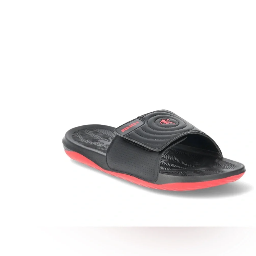 AND1 Athletic Adjustable Swirl Sandals Men’s Size 8 Black Red Comfort Slides NWT